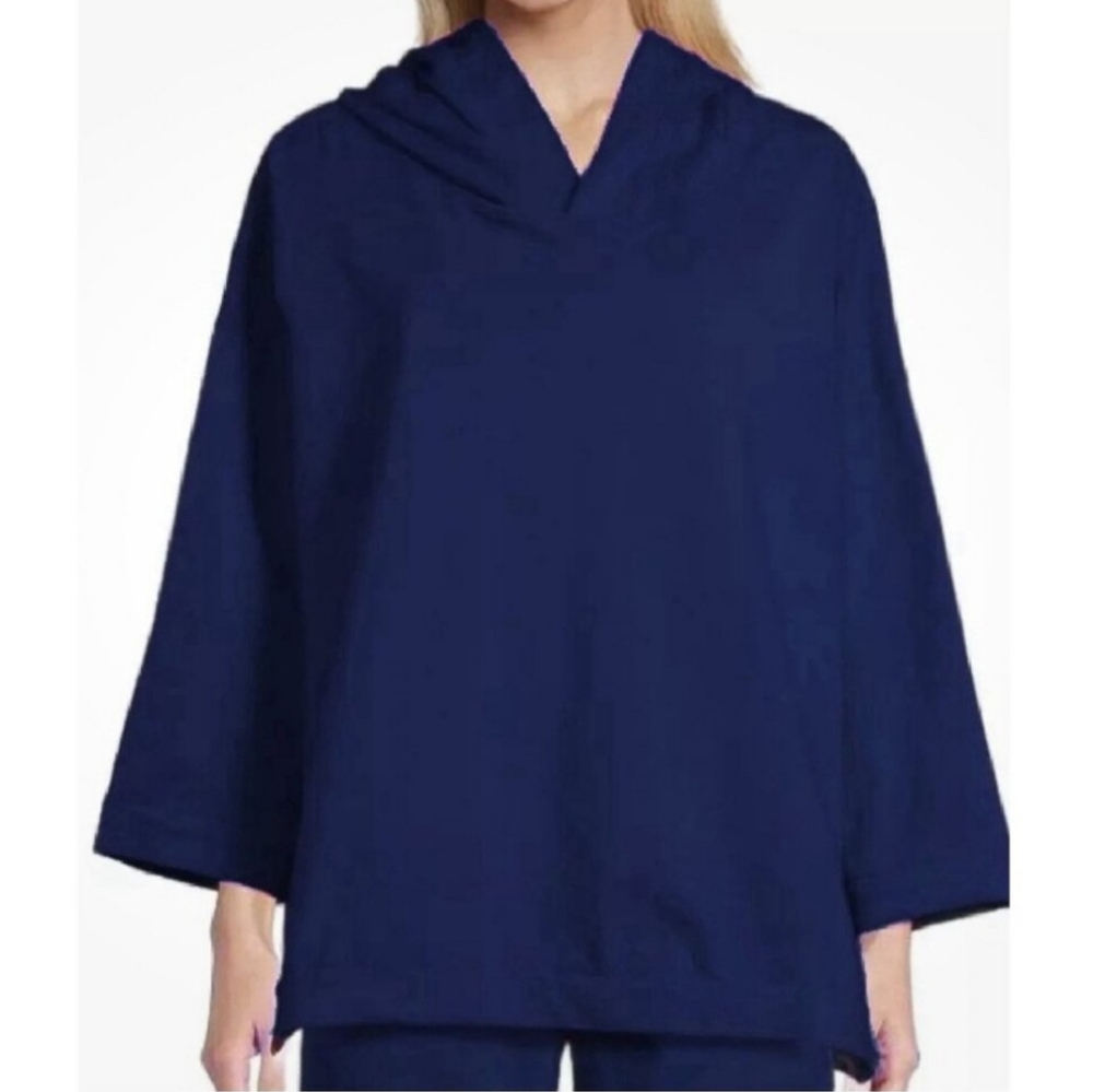 NWT Bryn Walker Frank Hoodie szL Pullover Blue Cotton 3/4 Sleeve Lagenlook  BinF